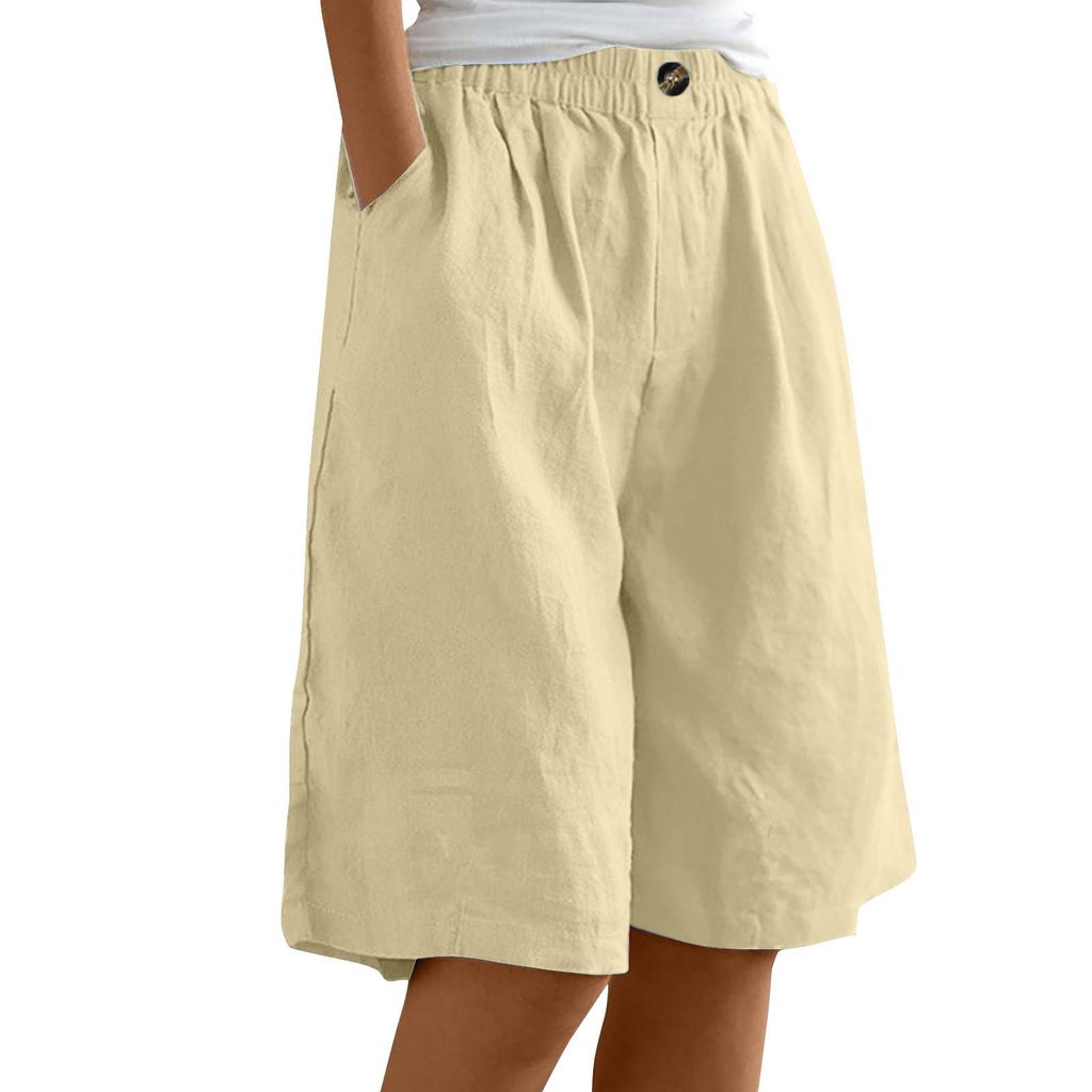 Women's High Waist Elastic Waistband Linen Bermuda Shorts Casual Loose Wide Leg Shorts With Side Pockets For Summer
