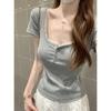 Spring/Summer Korean Style Lace Splice Square Neck Short Sleeve Women's T-Shirt