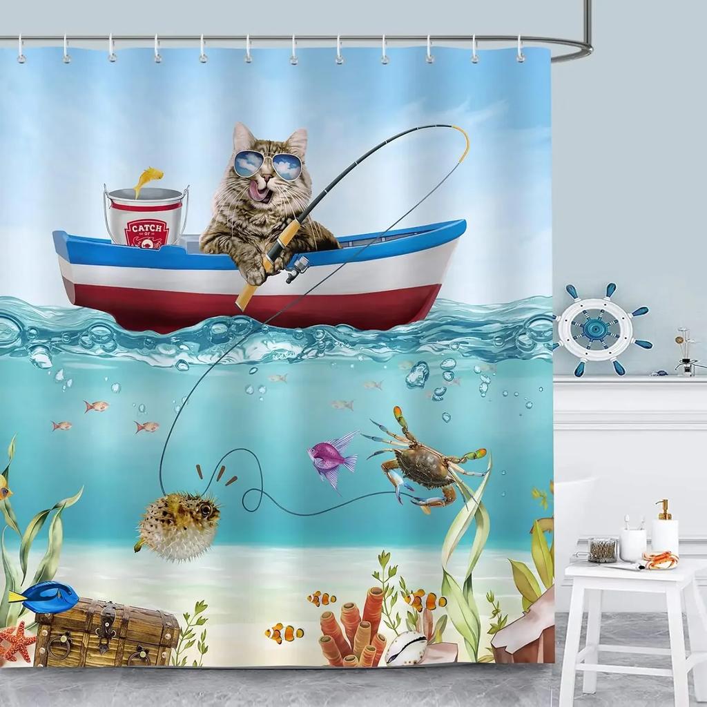 Funny Cat Shower Curtain, Dinosaur Cat Dog Animal Shark Funny Ocean Coral Goldfish Bathtub Bubbles Kids Cartoon Bathroom Decor
