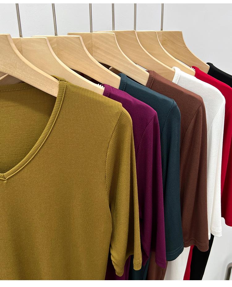 Women's Black V-Neck Three-Quarter Sleeve Loose Fit T-Shirt, 2025 Collection