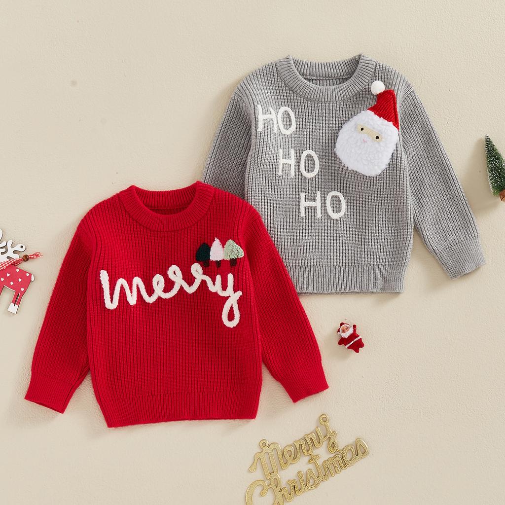 Autumn and Winter Cute Knitted Children's Christmas Sweater Warm Casual Boys and Girls Jumper Letter Embroidery Santa Hat Children's Pullover Top