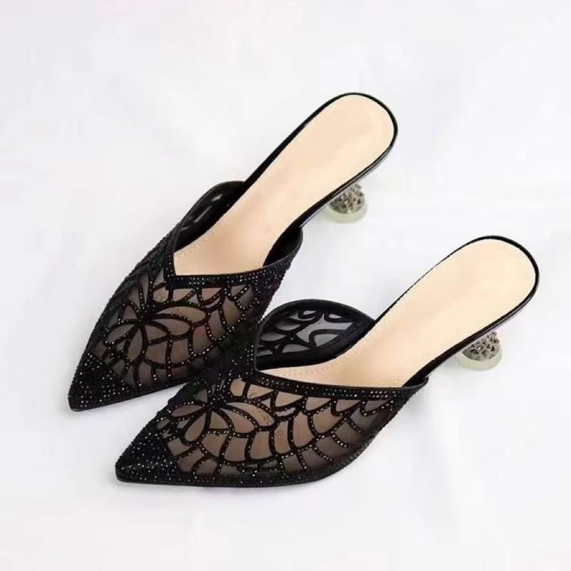 Rhinestone baotou half slippers women's thin heels summer new high heels crystal heel hollowed out without heel