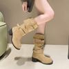 Belt Buckle Pleated Stacked Boots Women New Retro Chunky Heel Thick Bottom Mid-calf Boots Street Fashion Western Cowboy Botas