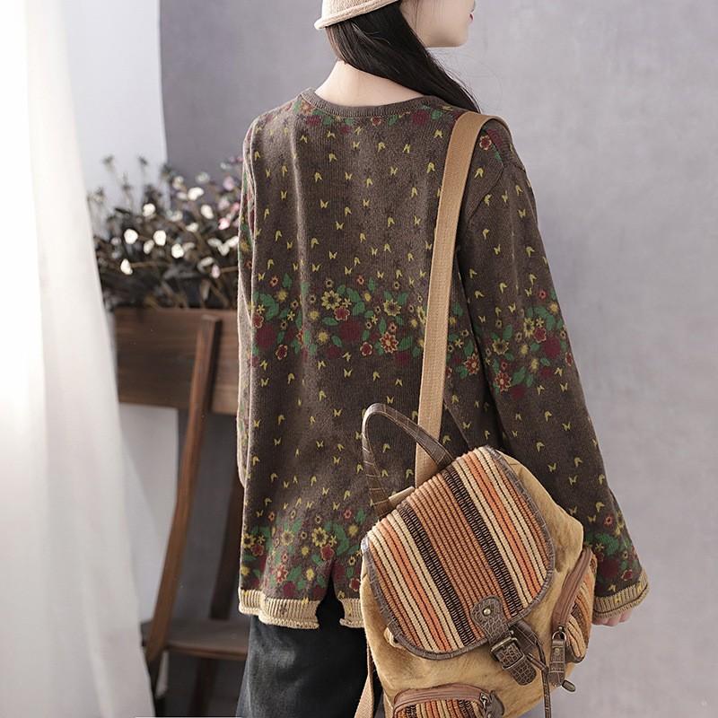 Frühlings- und Herbstpullover im Vintage-Stil mit Patchwork und Blumenmuster, lässig, locker, Rundhalsausschnitt, weicher modischer Pullover für Damen