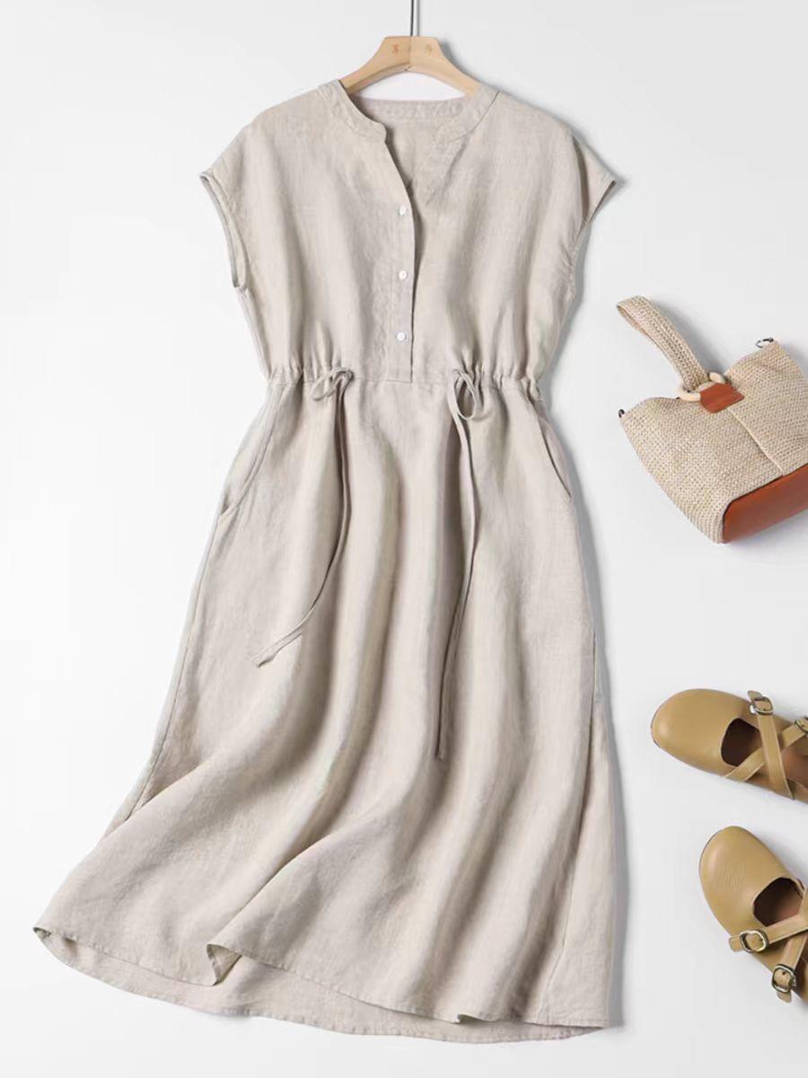 

2025 лето нативный деревенский однотонный хлопок и лен платье с коротким рукавом женское ретро однотонное с V-образным вырезом средней длины XL