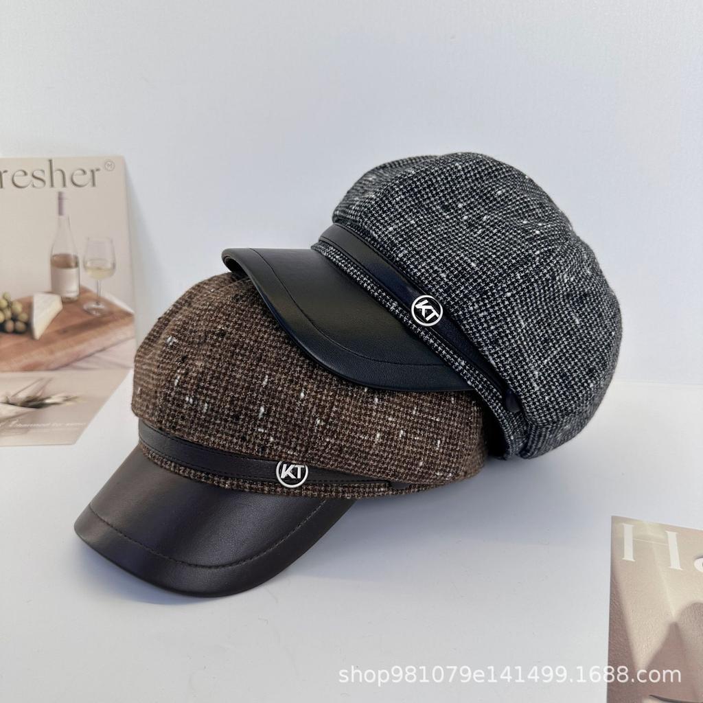 Octagonal Hat Women's Leather Hat Eaves Hong Kong Style Fashion Temperament Elegant Autumn and Winter Beret Versatile New Bud Painter Hat