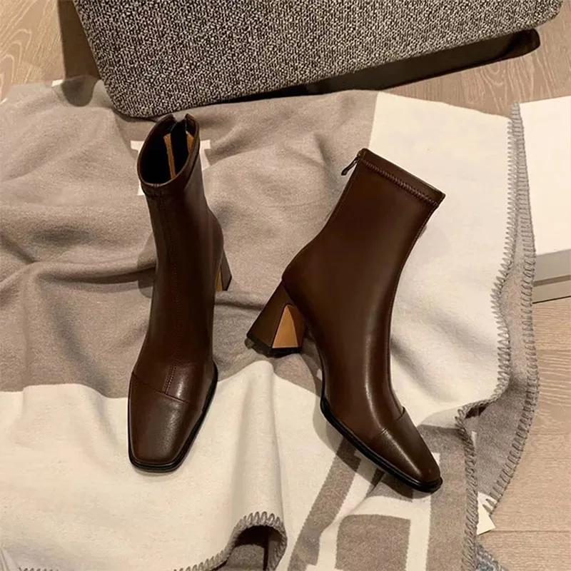

Autumn Winter Warm Cotton Women Ankle Boots Fashion Square Toe Short Booties Ladies Concise Thick High Heels Shoes 35