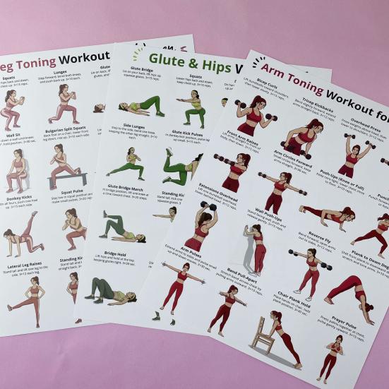 Sada 3 ks tréninkových plakátů pro ženy, Průvodce posilovacím tréninkem pro paže, nohy, boky, Cvičební tabulka pro domácí posilovnu, Fitness nástěnné umění pro ženy