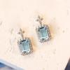 Rectangular Cut Blue Stone Halo Drop Earrings with Top Accents Elegant Bridal Style Women Jewelry