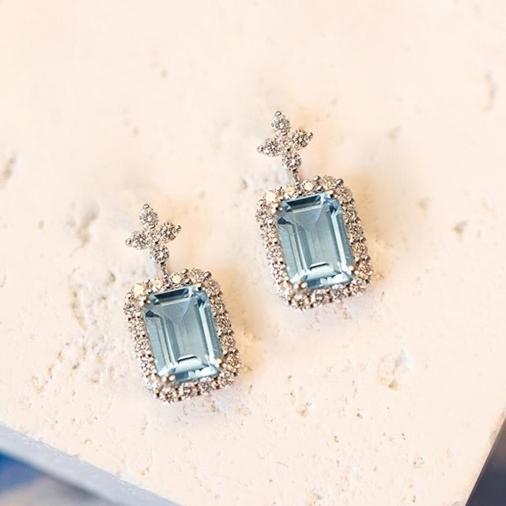 Rectangular Cut Blue Stone Halo Drop Earrings with Top Accents Elegant Bridal Style Women Jewelry