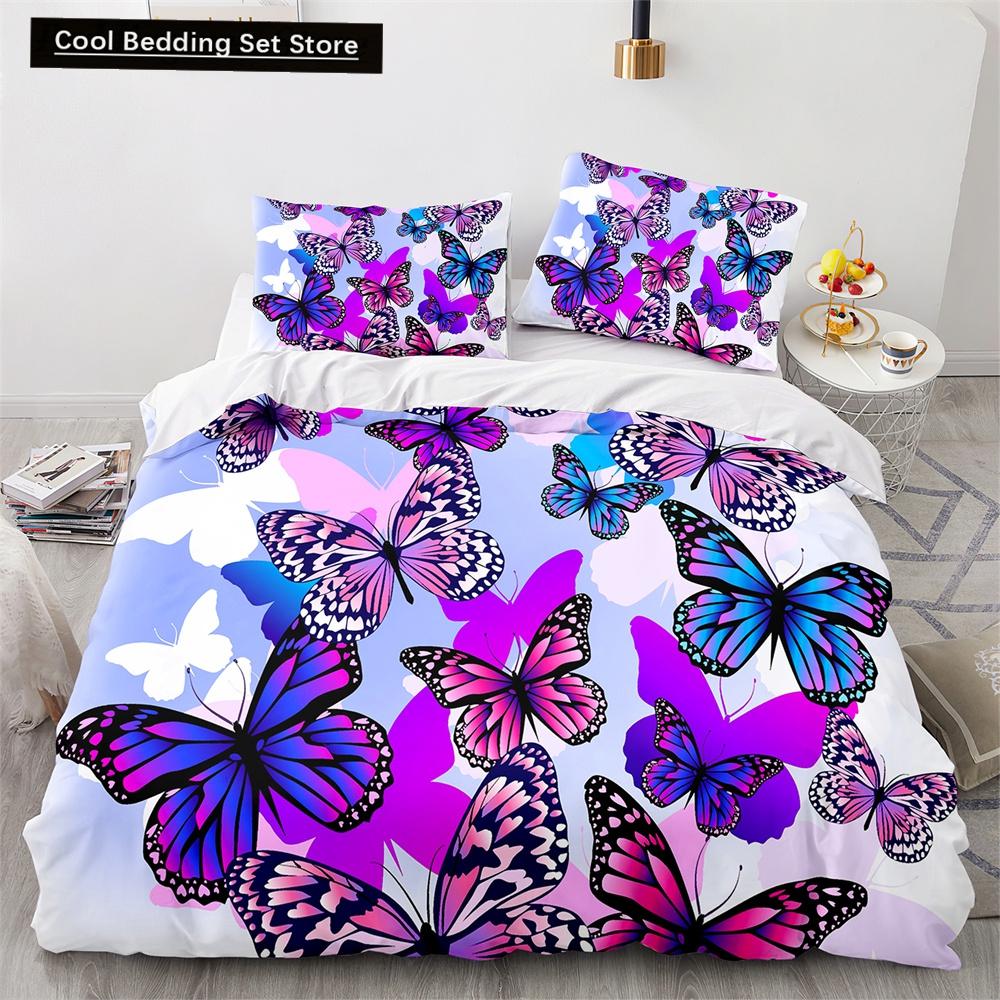 Butterfly Duvet Cover King Queen Colorful Flying Animal Bedding Set for Teens Adults Beautiful Flowers Polyester Quilt Cover