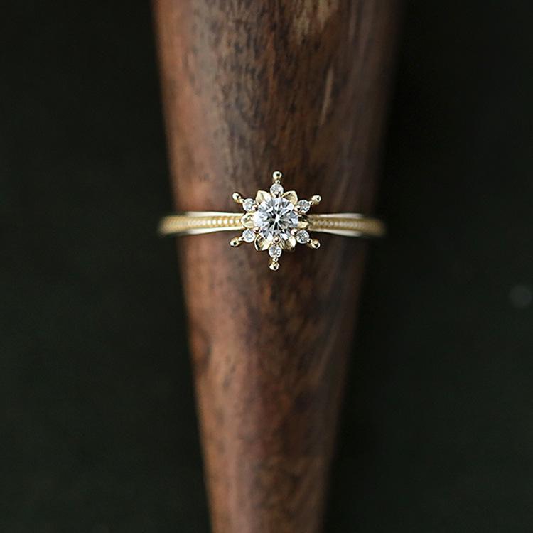S925 Sterling Silver Six-Prong Snowflake Zircon Ring, Adjustable Women s Gold Color Pinky Gift Open Adjustable