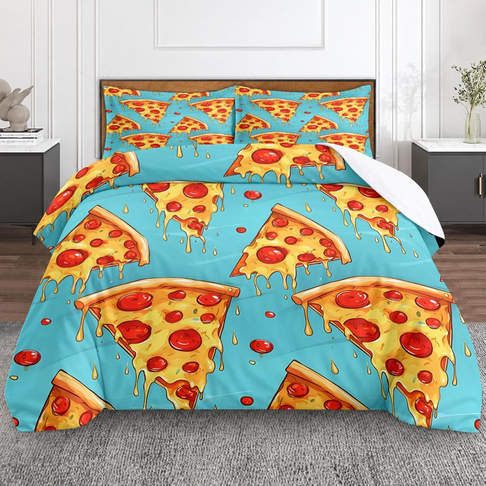 Pepperoni Pizza Slice Pattern 3 Piece Bedding Set, Melting Cheese Food Duvet Cover Set for Kids Teens Kitchen Bedroom Decor