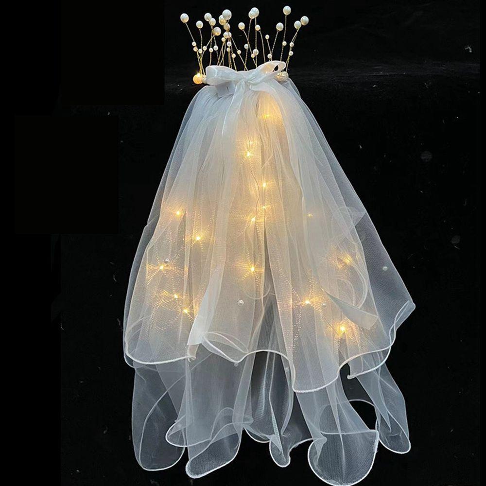 Hairpin White Veil Bow Veil LED Light Bride Veil Wedding Veil Korean Bride Headwear Bride Crown