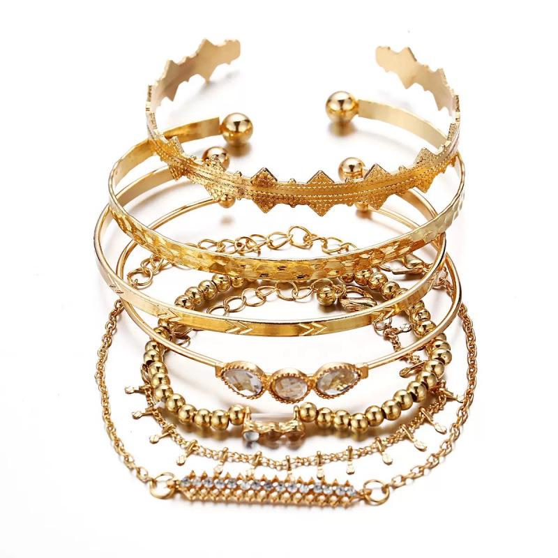 Retro Punk Style Rhinestone Openwork Metal Bangle Set - Stackable European/American Jewelry