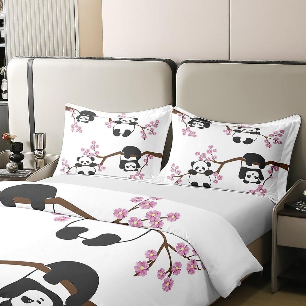 Cute Giant Panda Duvet Cover Set Single Size Cherry Blossoms Bedding Set With 1 Pillowcase Cartoon Animal Quilt