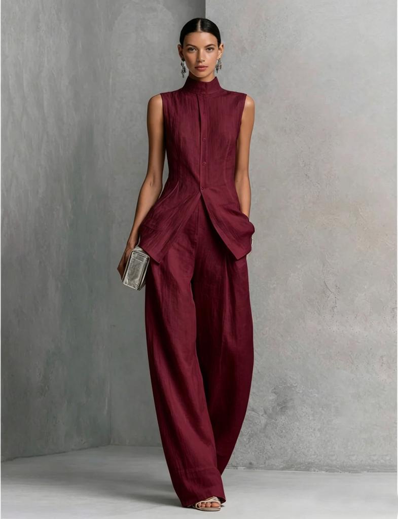 2026 European and American Amazon Cross-border Independent Site Draped Cotton-Linen Shirt Solid Color Fashionable Elegant Sleeveless Long Pants Set