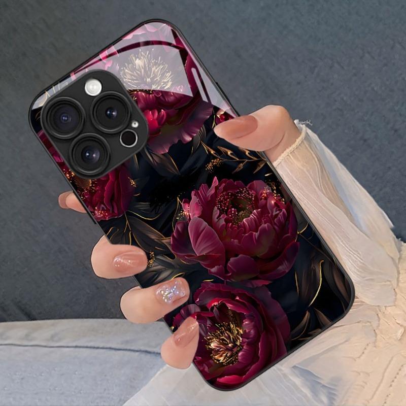 Dark Rose Flower Pattern Tempered Glass Black Phone Case For iPhone 11 12 13 14 15 16 17 Pro Max 17 Air 7 Plus XS X XR Cover