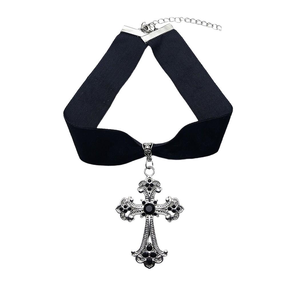 Gothic Velvet Choker with Floral Pattern and Colorful Cross Pendant