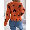 Autumn/Winter Casual V-Neck Star-Print Distressed Long-Sleeved Knitted Pullover for Women