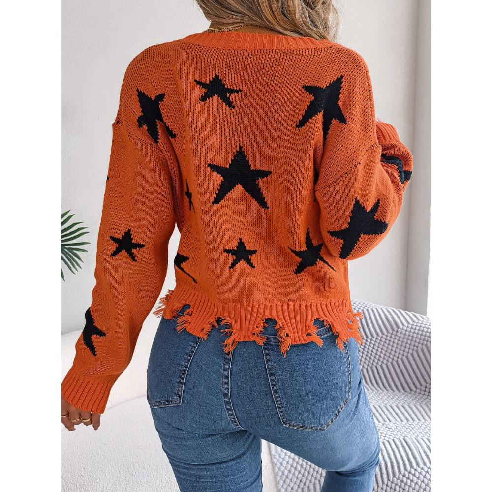 Autumn/Winter Casual V-Neck Star-Print Distressed Long-Sleeved Knitted Pullover for Women