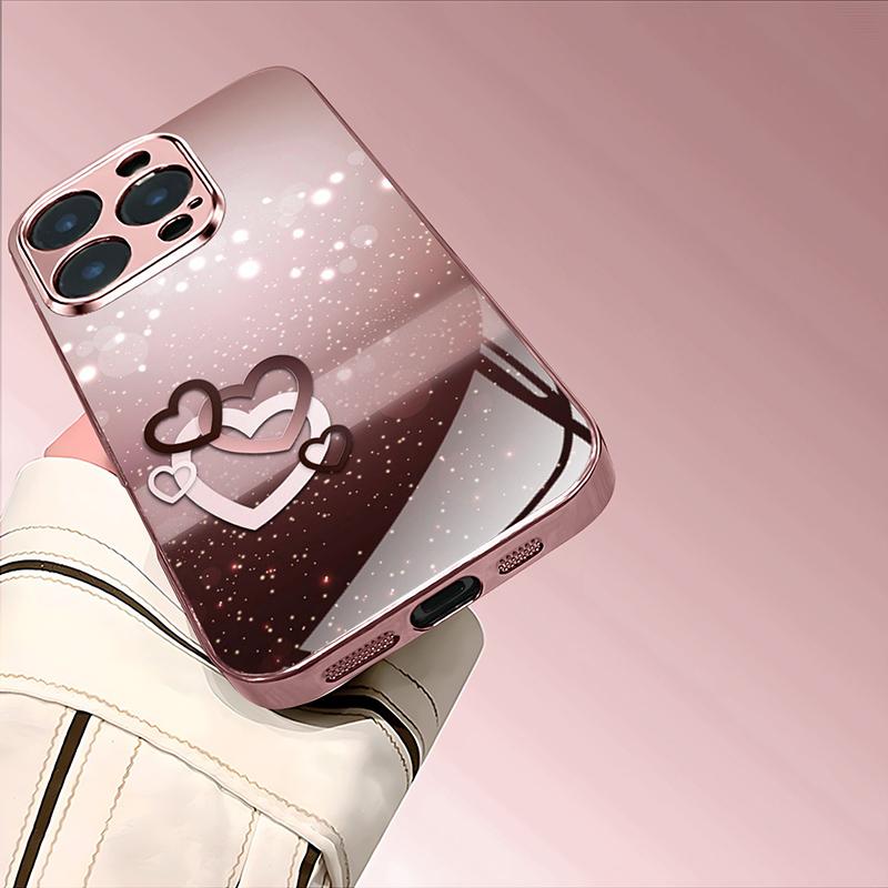 Love Heart Pattern Pink Metallic Tempered Glass Phone Case For iPhone 11 12 13 14 15 16 17 Pro Max 15 Plus 17 Air 16E Cover