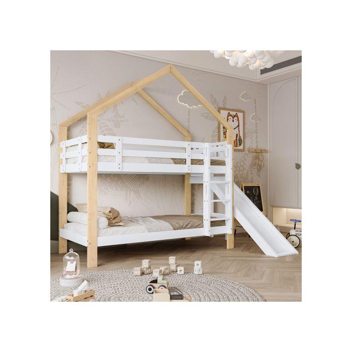 Bunk Bed - MUVOE - House with Slide - Angled Ladder - Solid Wood - 2 Places