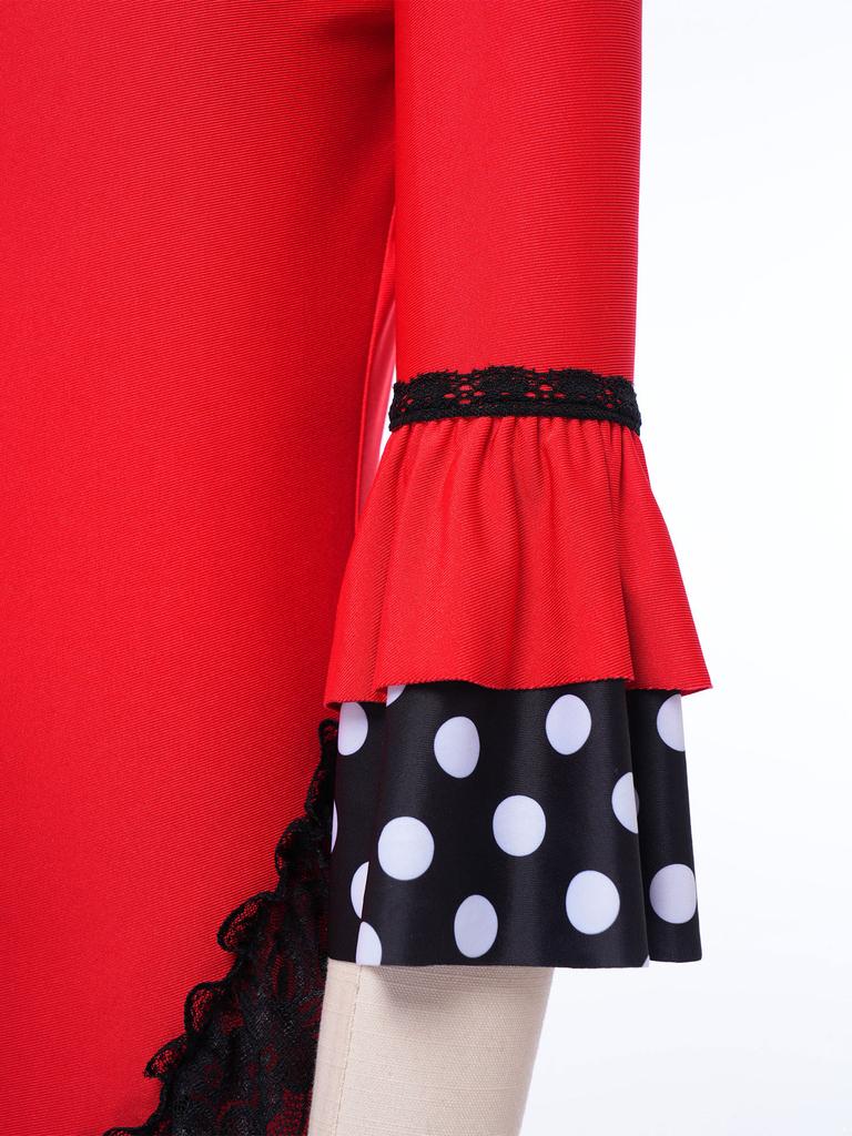 Girls V Neck Contrast Dots Tiered Ruffle Flamenco Dress Lace Trim 3/4 Sleeves Back Invisible Zipper for Performance Competition