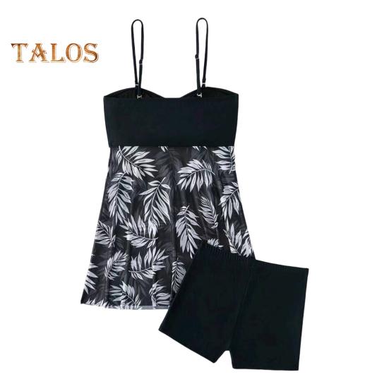 2Pcs/Set Women Summer Swimsuit Set Adjustable Straps Print Mesh Hem Bandeau Tops High Waist Swim Shorts Set