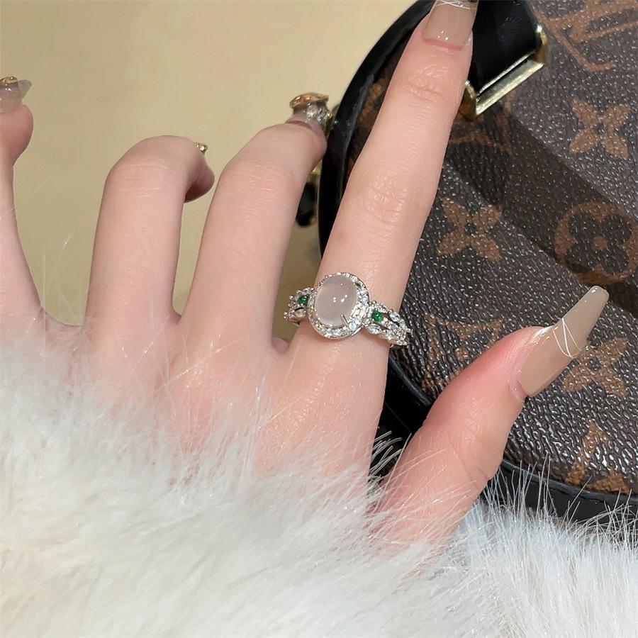 French retro white chalcedony jade ring female ring index finger ring