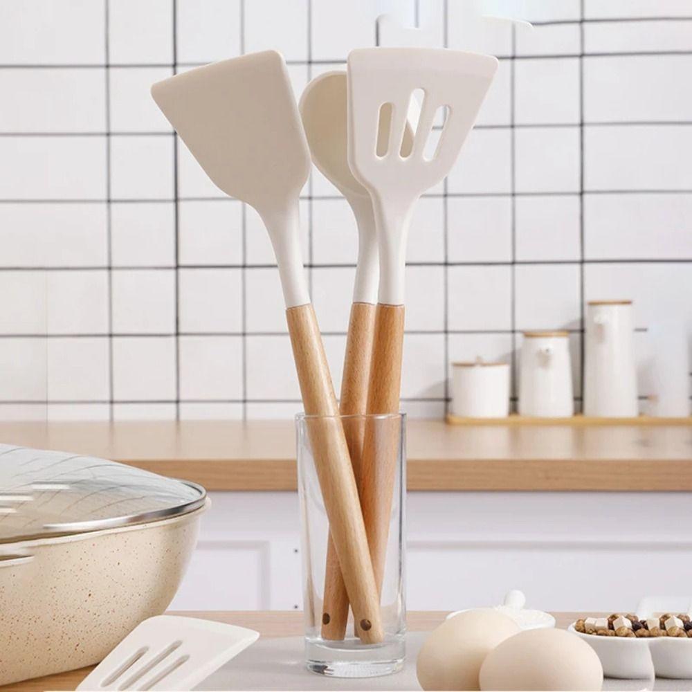 3Pcs Wooden Handle Silicone Spoon Shovel Heat Resistant Pot Spatula Set  Home Cooking