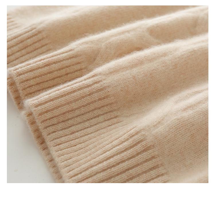 Women's Cable Knit Cashmere Top – Half-High Collar, Long Sleeve, Loose Fit, Versatile Sweater