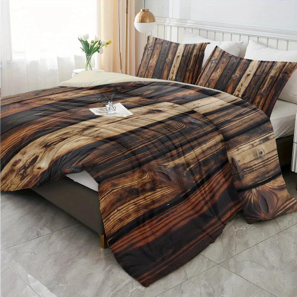 3-teiliges Retro Holzmaserungsmuster Digital bedrucktes Quilt-Set - Enthält 1 Bettdeckenbezug und 2 Kissenbezüge (ohne Füllstoff)