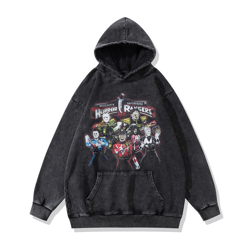 Autumn And Winter 430G Heavy Cotton Hooded Sweater American High Street Retro Skull Print Fried Color Hoodie Men