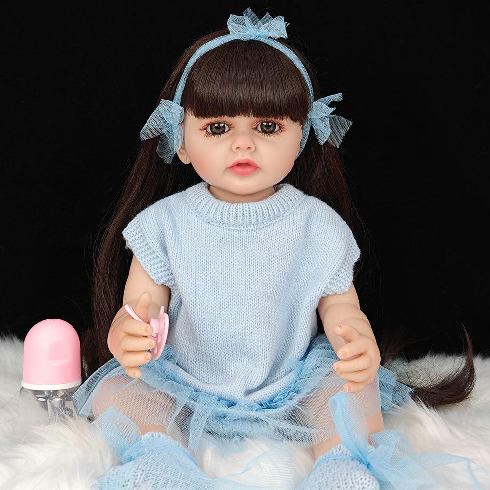 55 cm 22 zoll Lebensechte Reborn Baby Mädchen Puppe Weiche Silikon Lange Braune Haare Realistische Prinzessin Kleinkind Bebe Geburtstag Geschenk