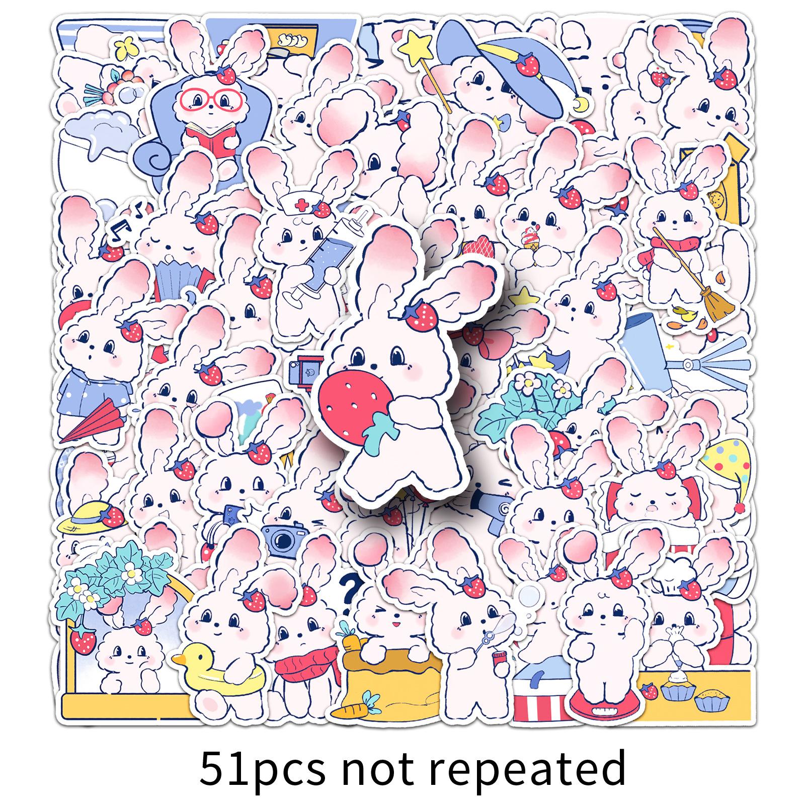 

51 Клубничный Кролик Дудл Наклейки Мультяшные Милые Расписанные Вручную Наклейки для Декоративных Карточек, Чехла для Мобильного Телефона, Чашки для Воды, Ручного Счета