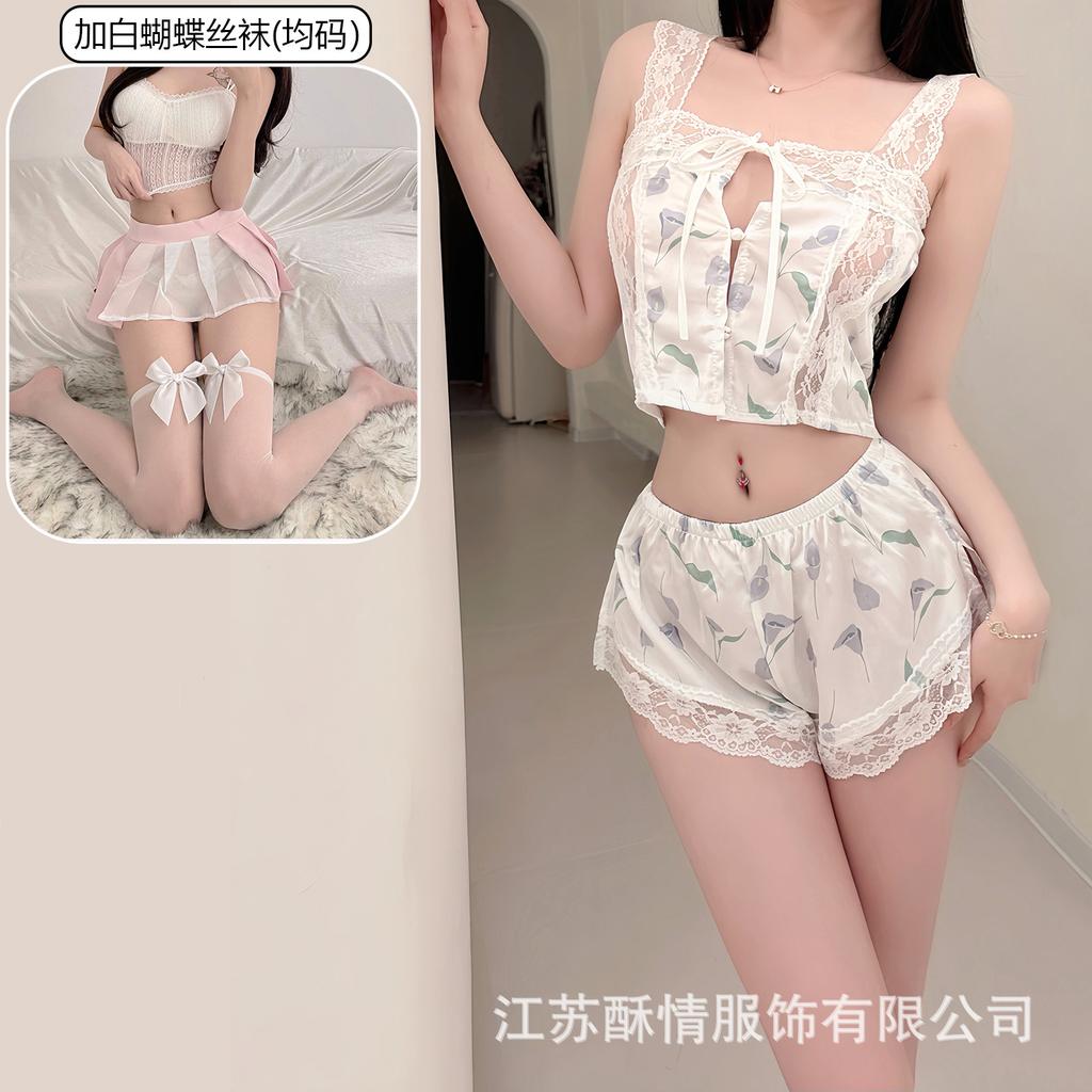 Crispy Sexy Sweet and Spicy Women's Summer Ice Silk Thin Pure Desire Suspender Shorts Two-piece Set Lace Temptation Set