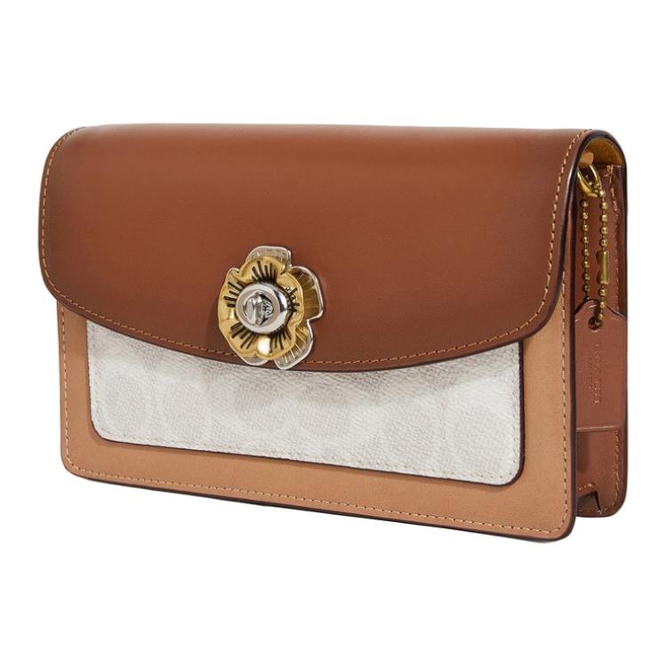 New COACH Parker Coated Canvas With Refined Calfskin Shoulder Bag, Crossbody Bag Small Women's Brown Monogram 1680-B4R7F