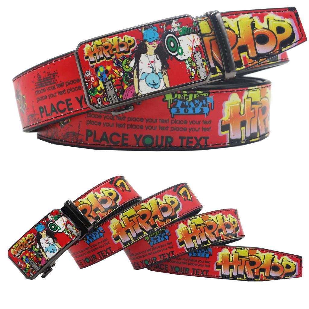 New Casual Automatic Buckle Printed Graffiti Casual Versatile Personalized Belt Belt European and American Versatile