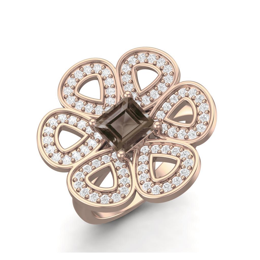 1.33 Ctw Square Smoky Quartz 925 Sterling Silver Rose Vermeil Cocktail Women Wedding Ring