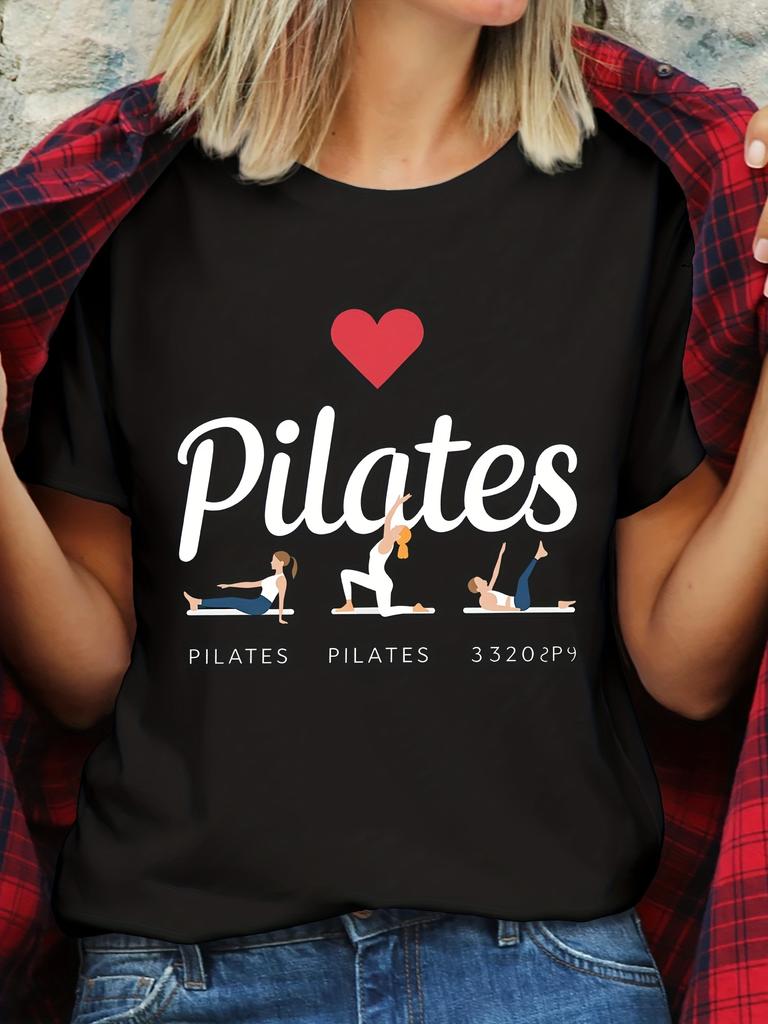 Womens Tshirt Pilates Letter Classic Silhouette Print Round Neck Womens Clothing Daily Fashion Casual Breathable Womens Top