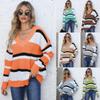 Women's pullover sweater European and American women's clothing autumn and winter new V-neck contrasting color splicing loose fashion sweater M628