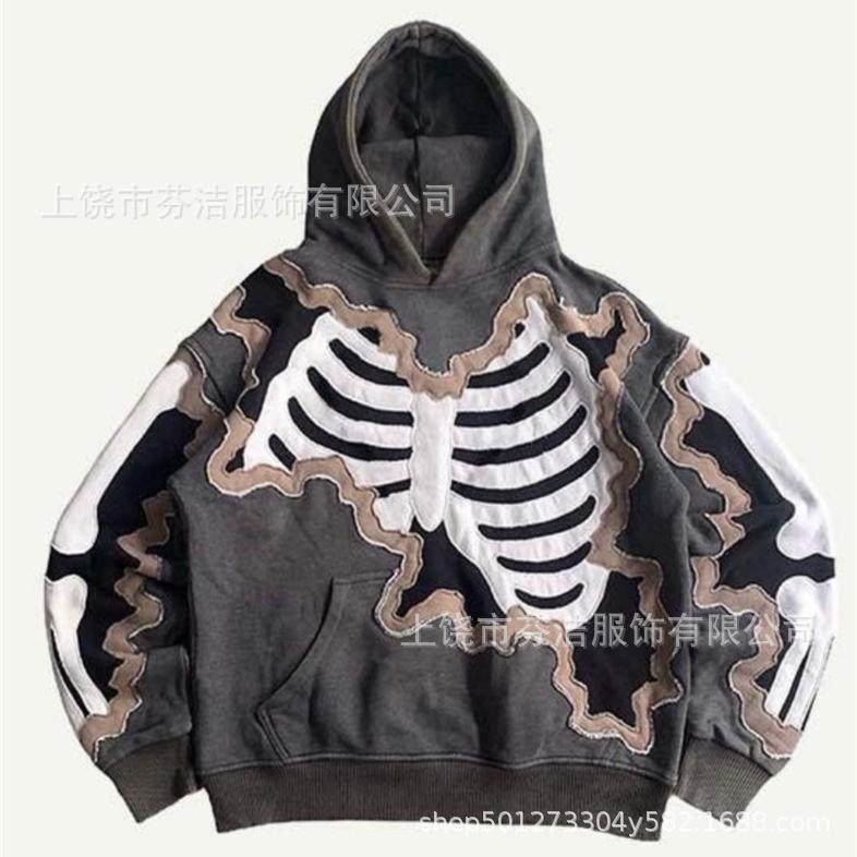 American Flame Skull Frame 3D Printed Hooded Sweatshirt, Vintage High Street Loose Trendy Brand Pullover Sweatshirt