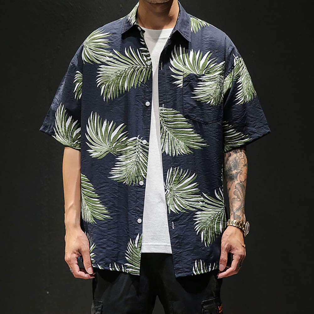 COZOEN Aloha Hawaiian Summer Panama Short Botanical 9 Plus Sizes Men's Shirt, Shirt, Shirt, Sleeve, Print, All-Over Print, Casual, Lightweight,