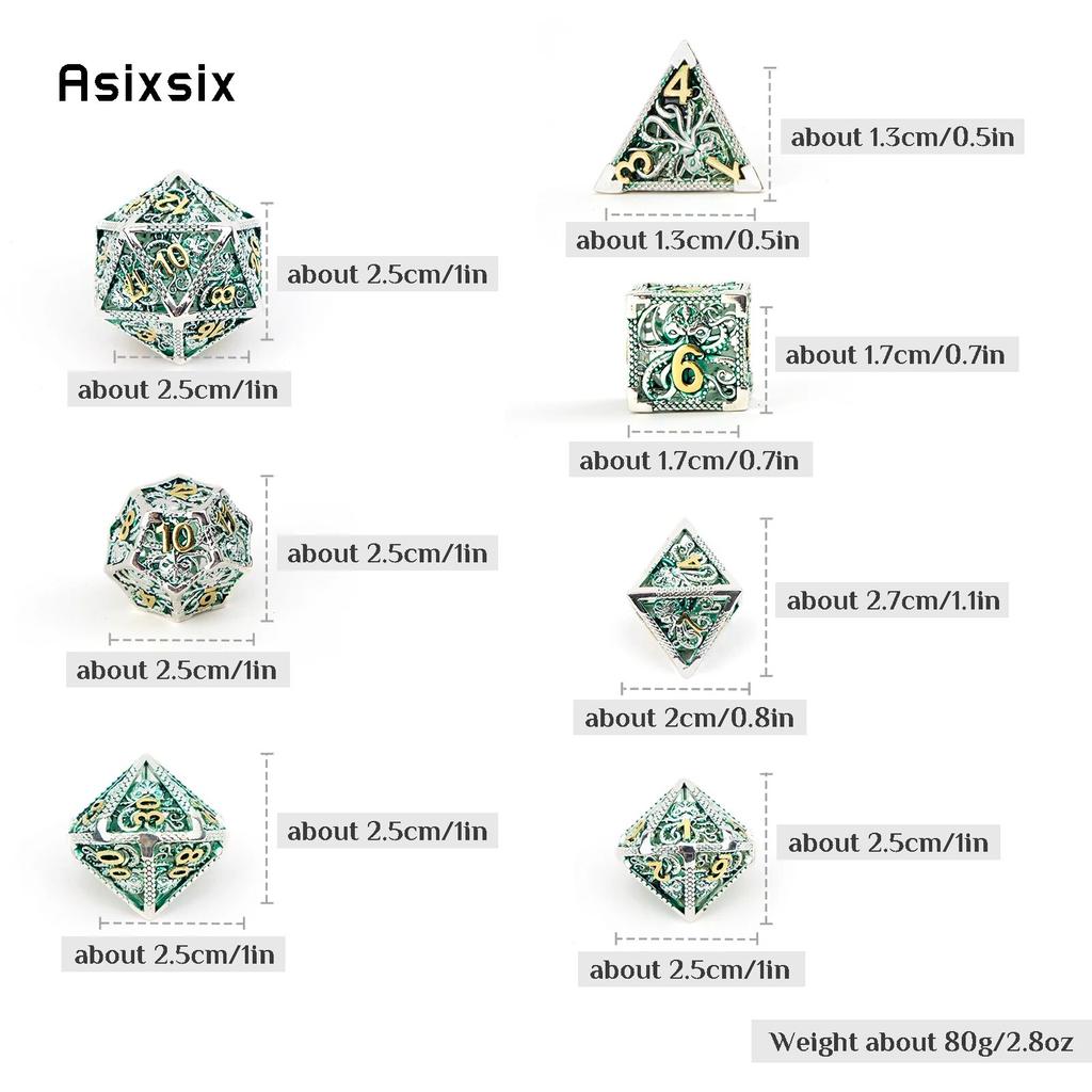 7 Pcs Silver Green Squid Metal Dice Hollow Metal Polyhedral Dice Set Suitable for Role-Playing RPG  Board Game Card Game