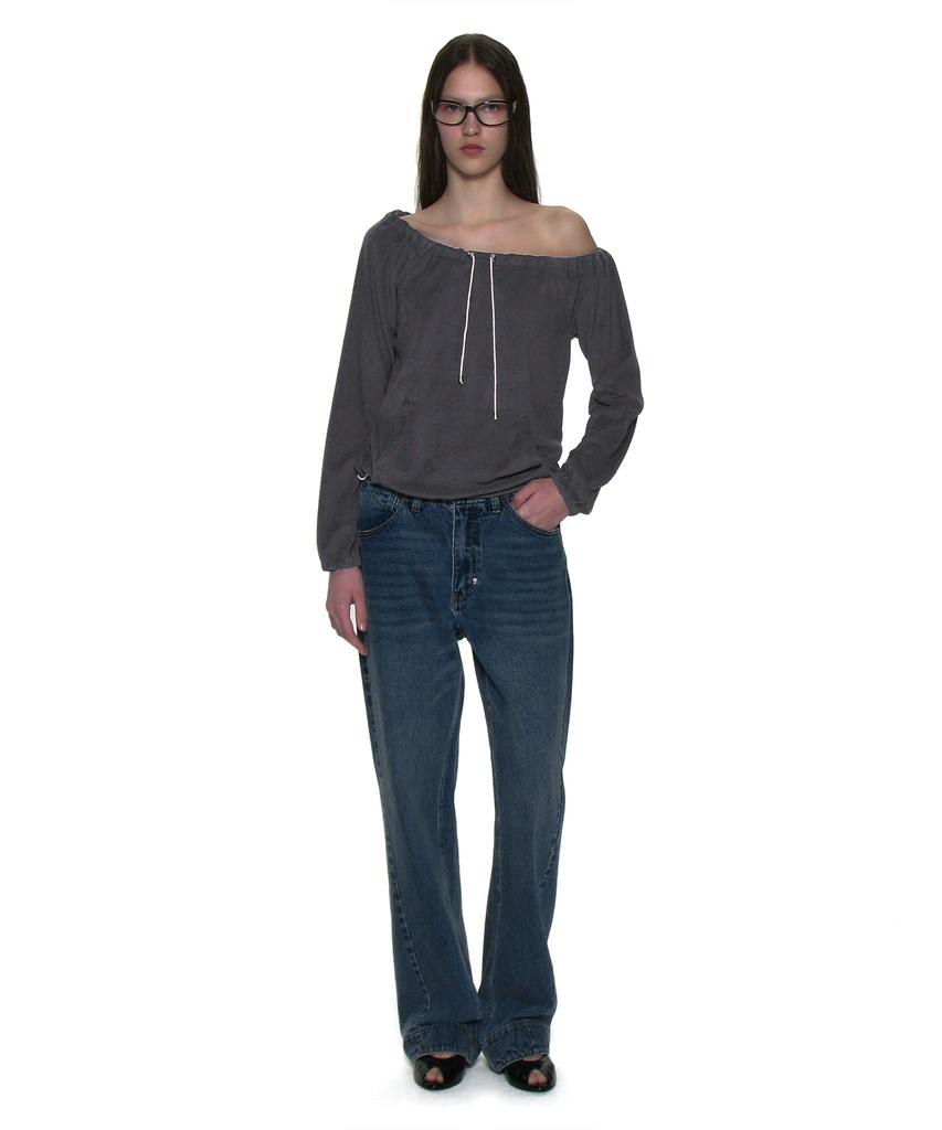 PARTIMENTO WOMEN Terry Drawstring Off-Shoulder Top_Charcoal