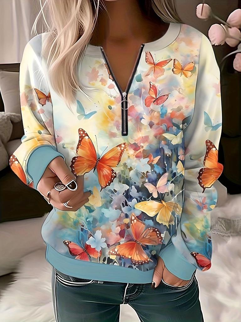 Sweat à capuche imprimé pour femme, coupe ample, demi-fermeture éclair, collection Automne-Hiver 2023