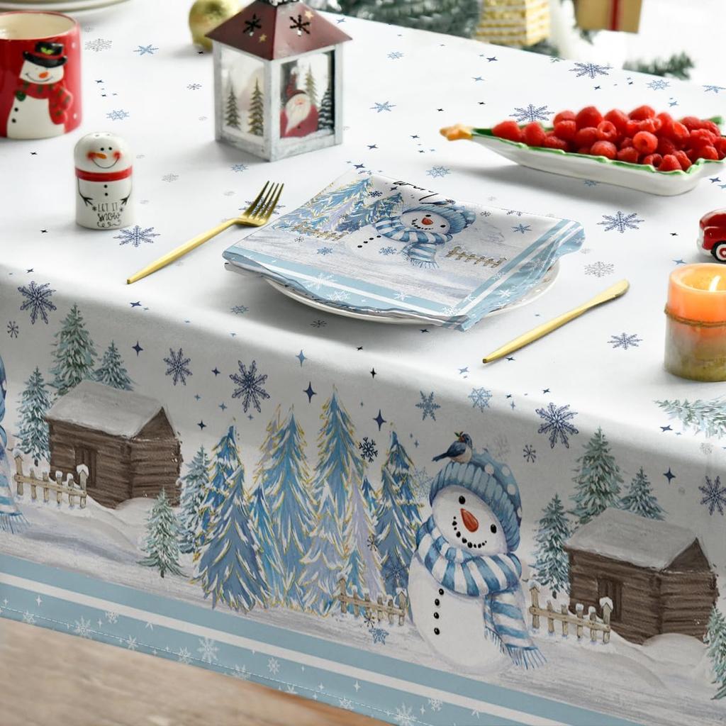 Christmas Snowman Pine Snow Waterproof Tablecloth Table Decor Winter Xmas Holiday Kitchen Dining Tablecloth Christmas Decoration