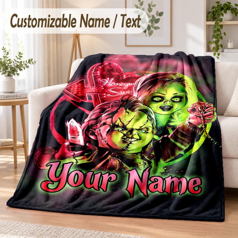 Child's Play Chucky Tiffany Custom Name Flannel Throw Blanket Soft Warm for Sofa Bed Indoor Home Use