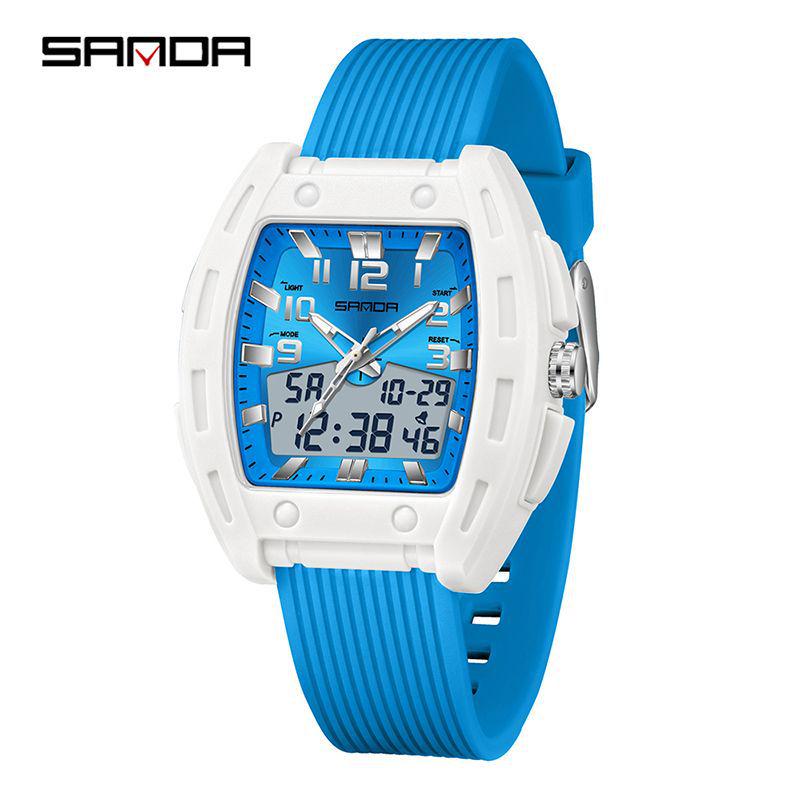 Sanda Barrel-Shaped Men's Dual Display Watch - Fashionable, Vibrant, Luminous, Waterproof, with Alarm Clock.
